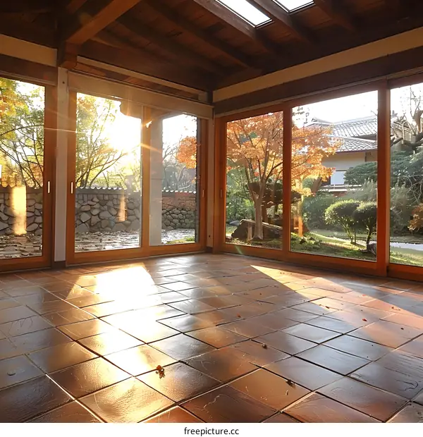Japanese traditional tatami room with a garden view