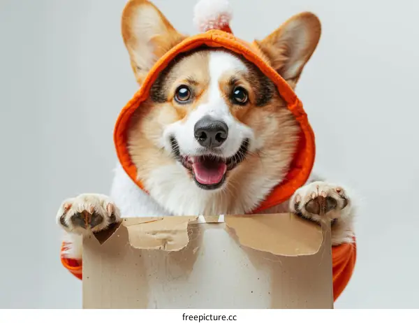 Adorable Dog in Orange Hoodie Holding a Cardboard Sign