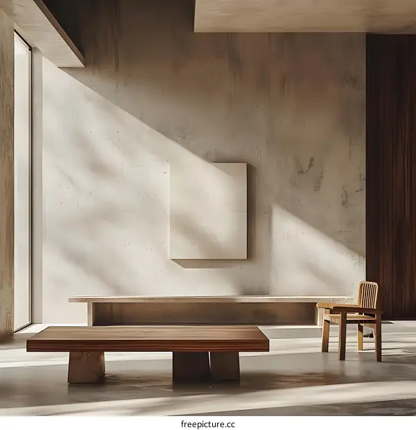 Minimalist Interior Design with Wooden Furniture and Sunlight