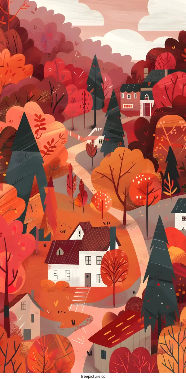 Autumn Landscape with Houses and Winding Road