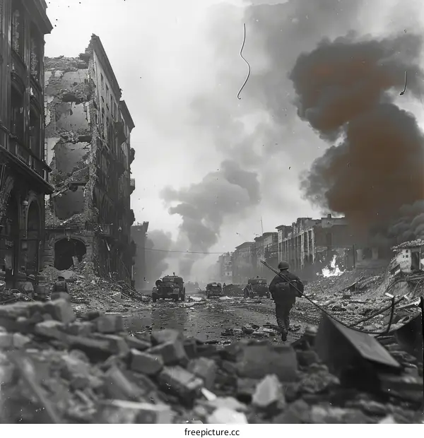 American soldier walking through the ruins of a German city during World War II