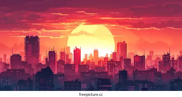 Cityscape with Sunset and Pixelated Art Style