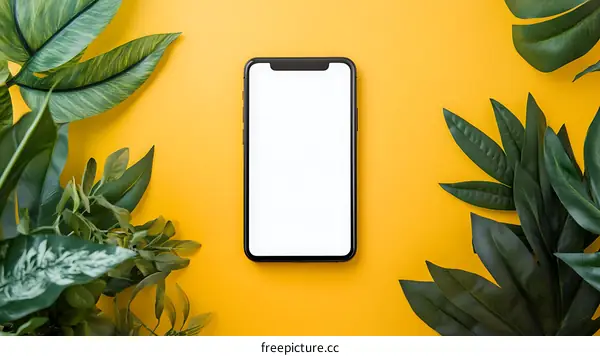Black Smartphone Mockup with Green Leaves on Yellow Background