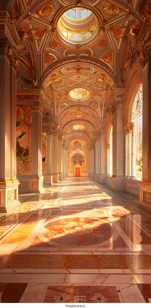Ornate Hallway With Golden Ceiling and Marble Floor