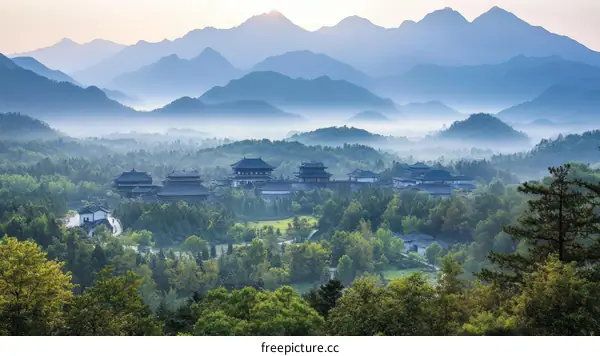 Misty Mountains and Ancient Buildings