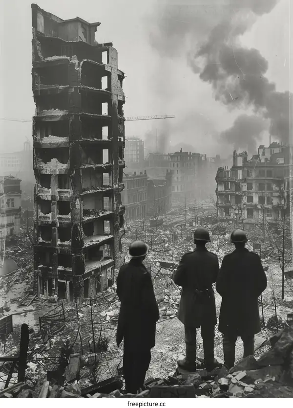 Three British soldiers survey the ruins of London after a German air raid during the Blitz, 1940.
