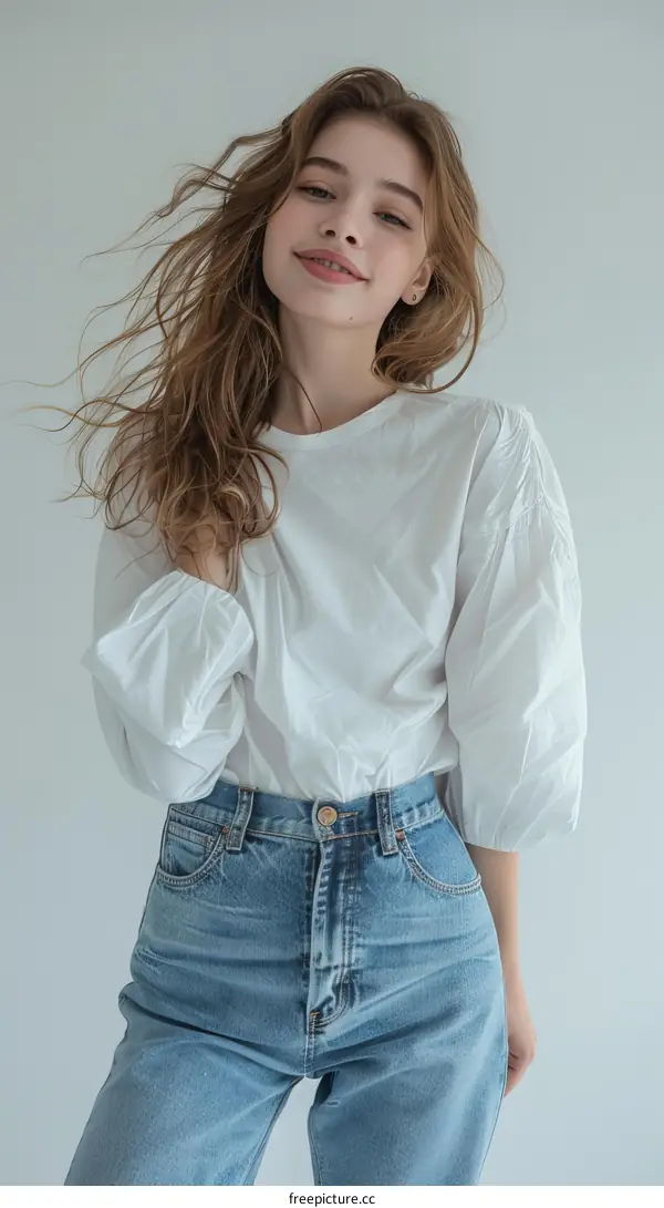 Portrait of a beautiful young woman with long blond hair wearing a white blouse and blue jeans