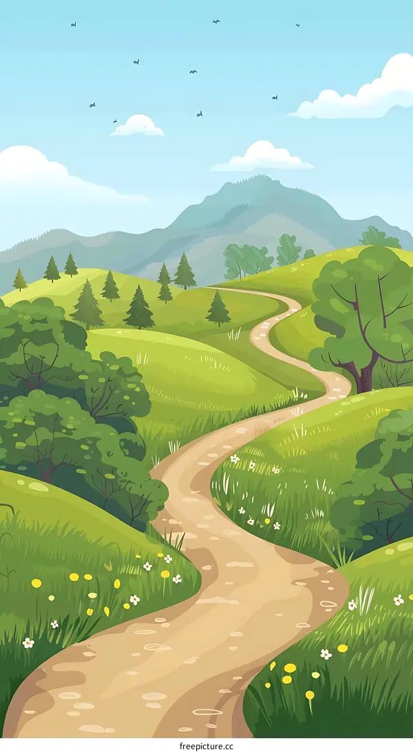 Winding Path Through Green Hills and Mountains