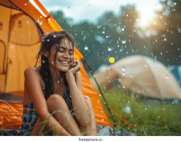 A young woman is sitting in a tent and smiling while it is raining outside
