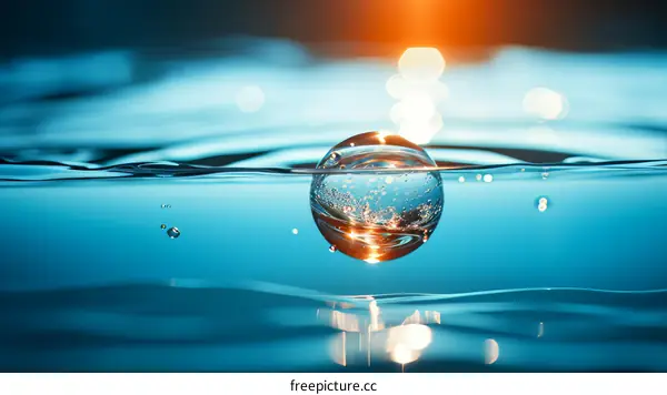 Water droplet floating on the water surface with blurred sunset in the background