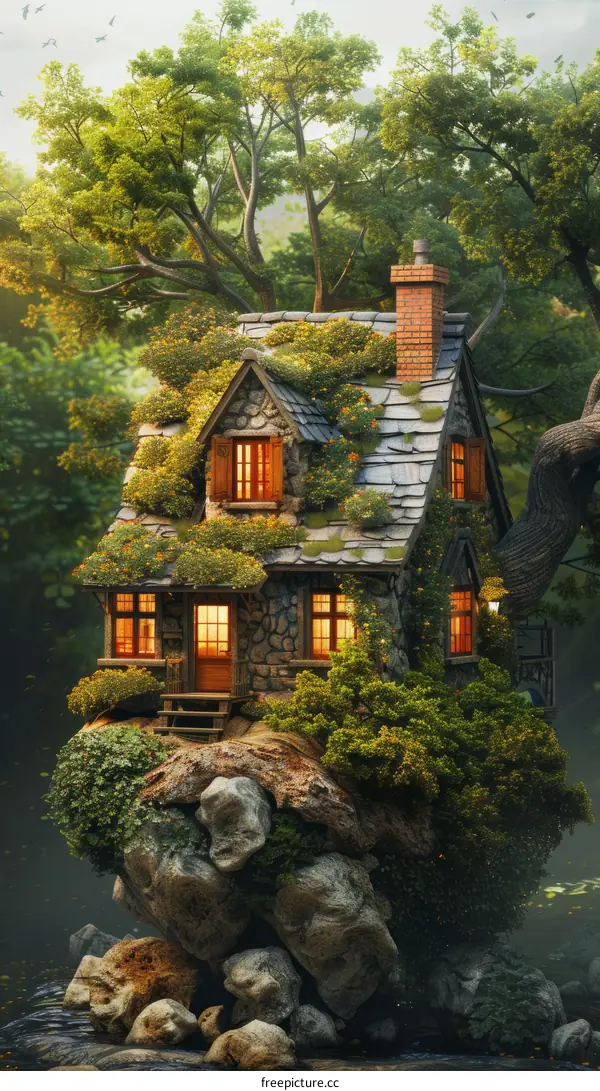 Enchanted Cottage in a Misty Forest