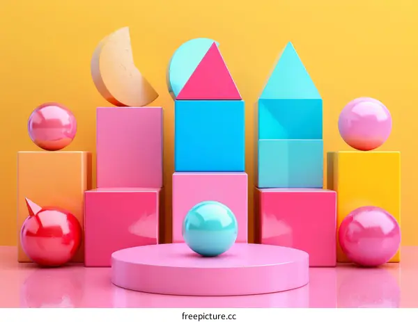 Colorful 3D shapes on podium