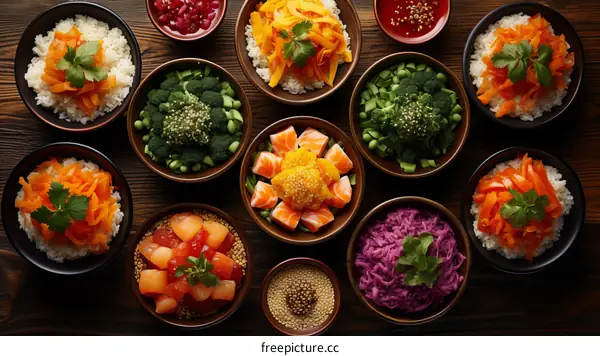 Various bowls of food with rice, vegetables, and fish