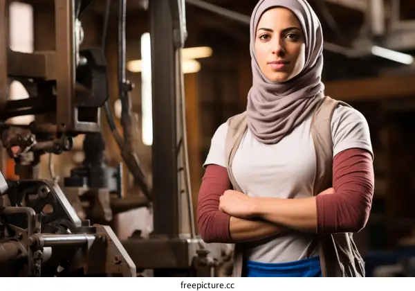 portrait of a young middle eastern woman wearing a head scarf in a factory