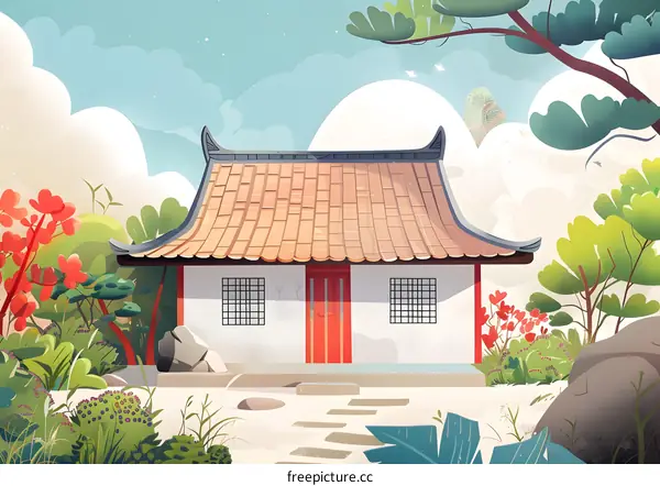 Traditional Chinese House with Garden Illustration