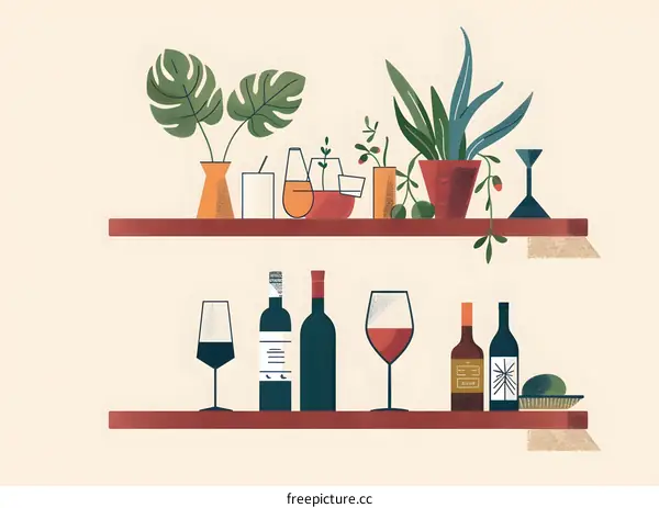 Modern Minimalist Illustration of a Shelf With Wine, Plants and Glasses