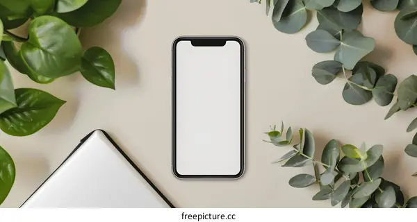 White Background With Eucalyptus and Phone Mockup