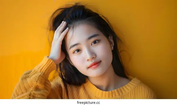 Closeup Portrait of a Young Asian Woman with Black Hair and a Yellow Sweater