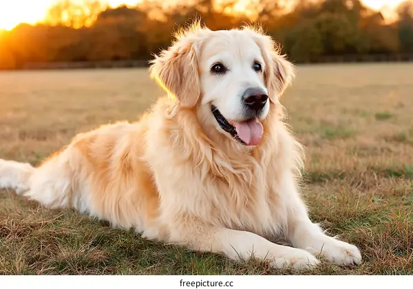 Golden Retriever in a Meadow at Sunset