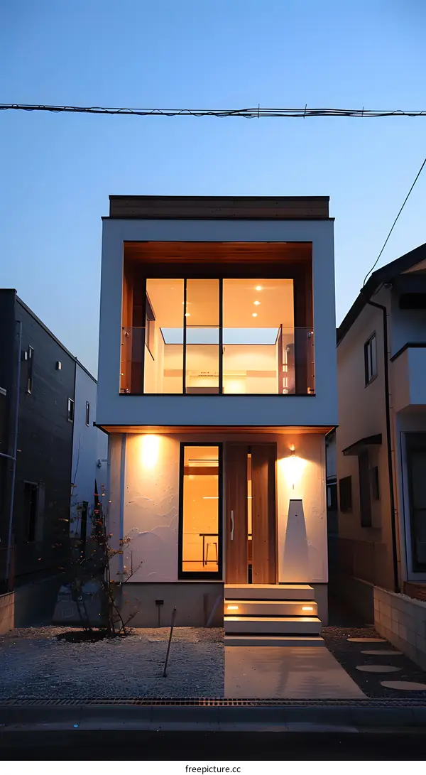 Modern White House with Wooden Accents and Large Windows at Dusk