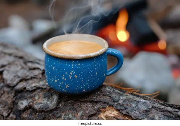 Blue enamel cup on a wooden stump with a bonfire in the background