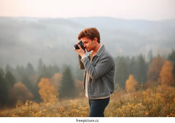 Photographer Taking Pictures in Autumnal Landscape