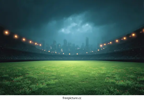 Empty Football Stadium at Night Under Stormy Sky