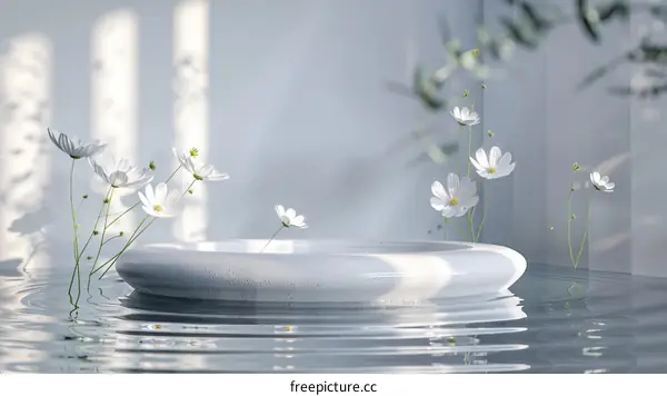 White flowers on a white podium with water ripples in the background