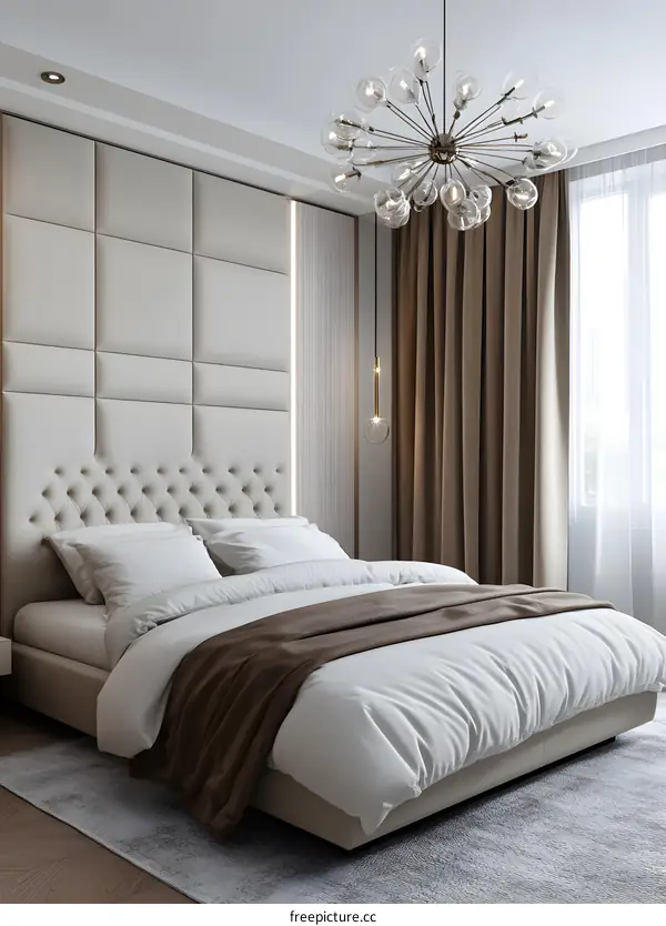 Modern Bedroom Interior Design With White Bed And Brown Blanket