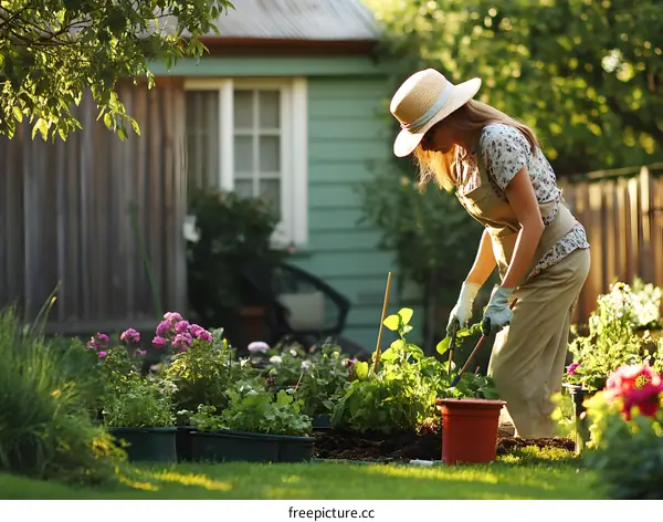 Woman Gardening in Backyard with Flowers and Green Plants