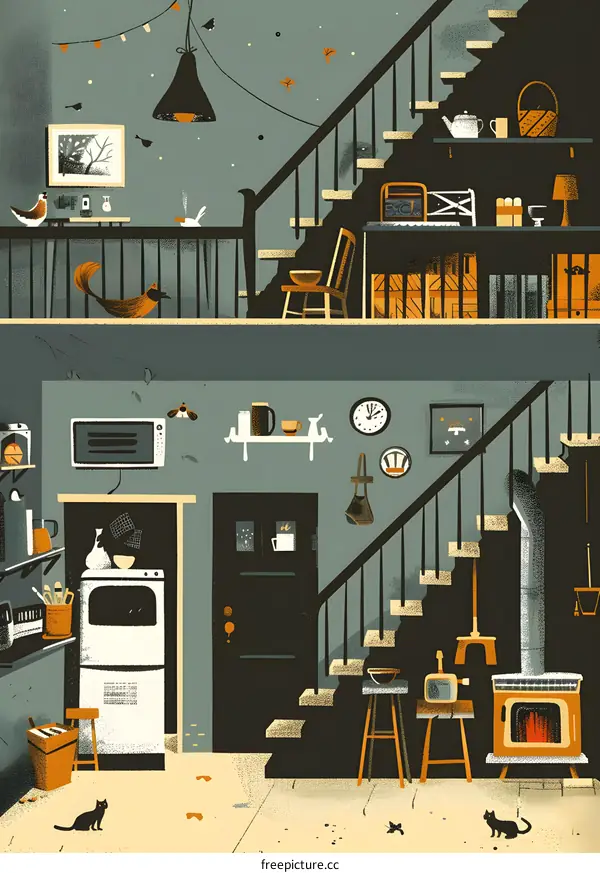 Cozy Home Interior With Stairs And Black Cats