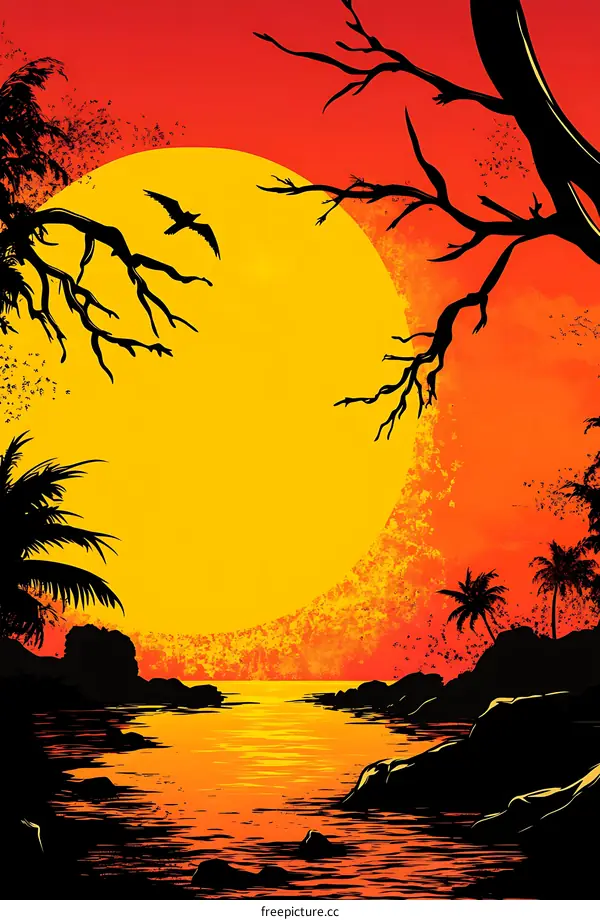 Tropical Sunset Silhouette Landscape