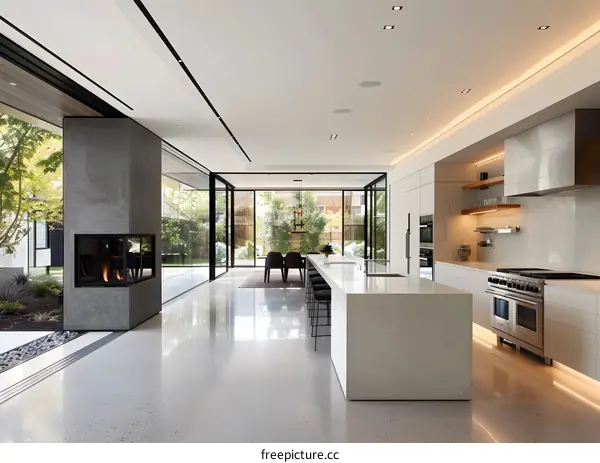 Modern Open Plan Kitchen with Fireplace and Large Windows