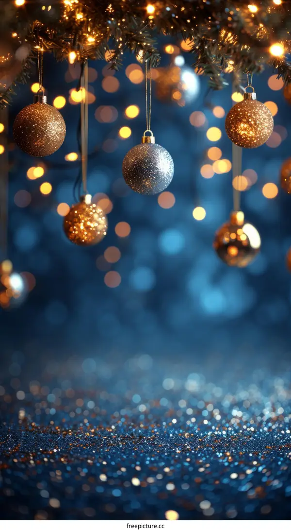 Christmas ornaments hanging from a tree branch with blue background