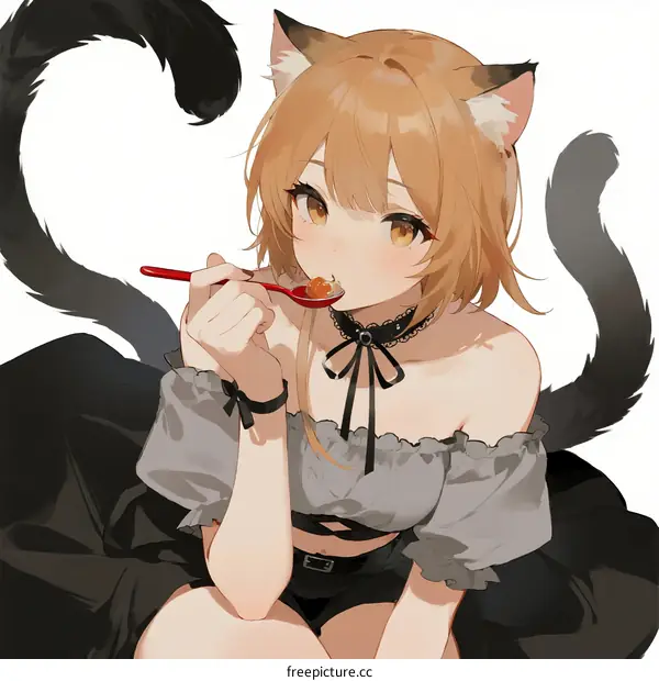 Anime girl with cat ears eating food using red spoon