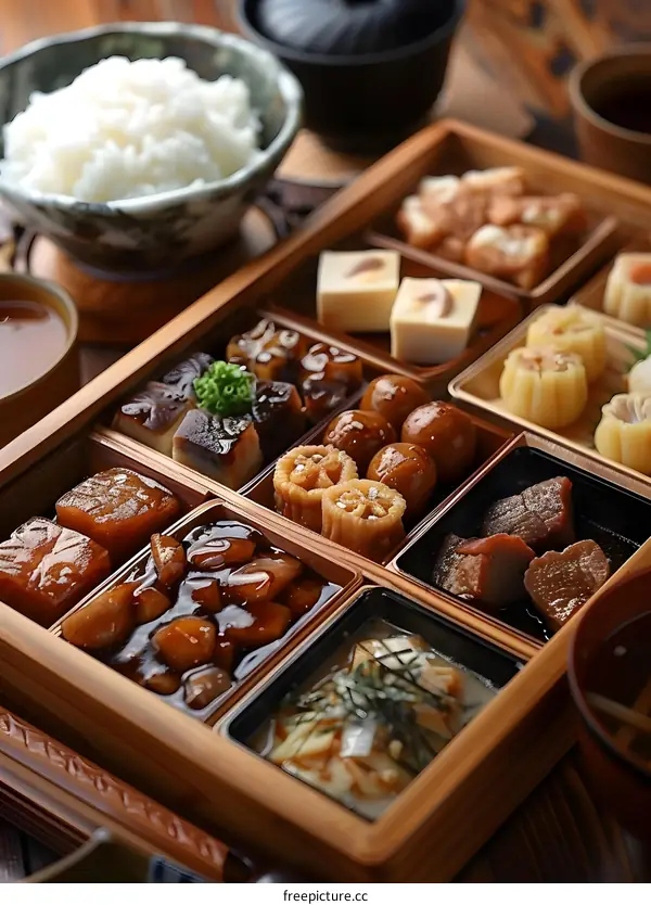 A delicious Japanese meal with rice, soup, and a variety of dishes