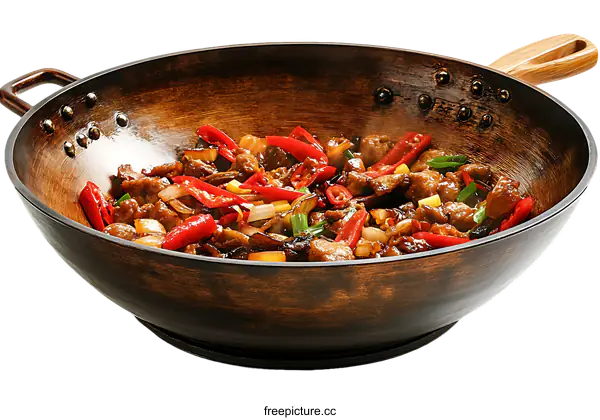 [Transparent Background PNG]Delicious Stir-fried Meat in a Traditional Wok