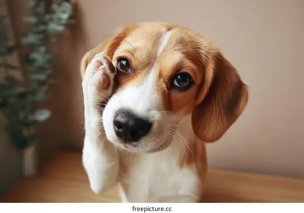 Cute Beagle Puppy with Paw on Face