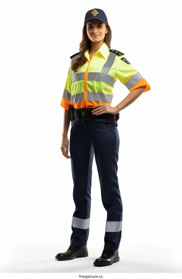 A female police officer in uniform with a cap, shirt, pants, and boots.