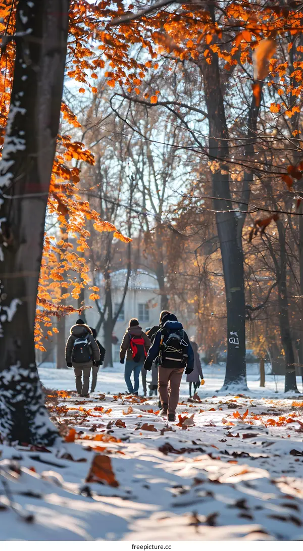 People Walking In The Snowy Forest With Orange Leaves
