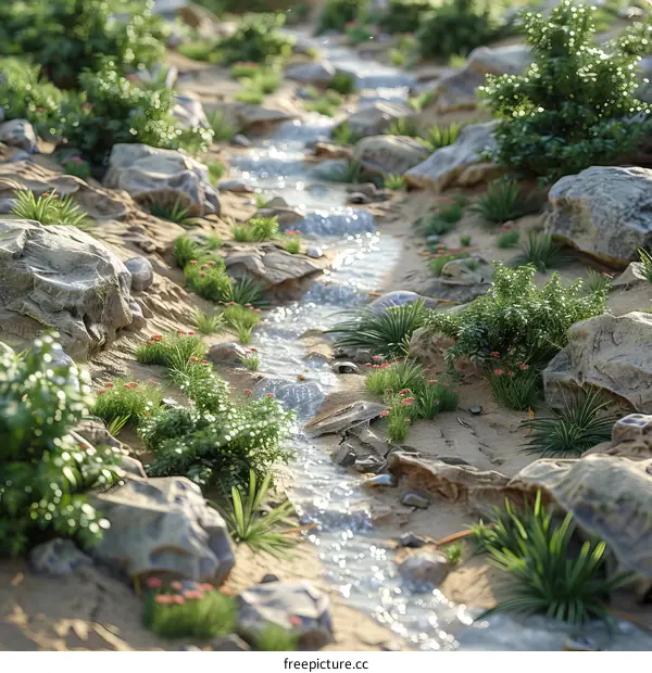 Small River Flows Through Rocks and Plants