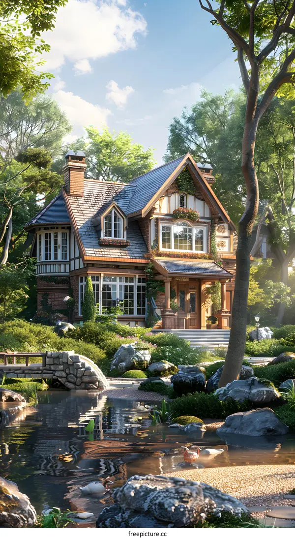 A beautiful house with a garden and a pond