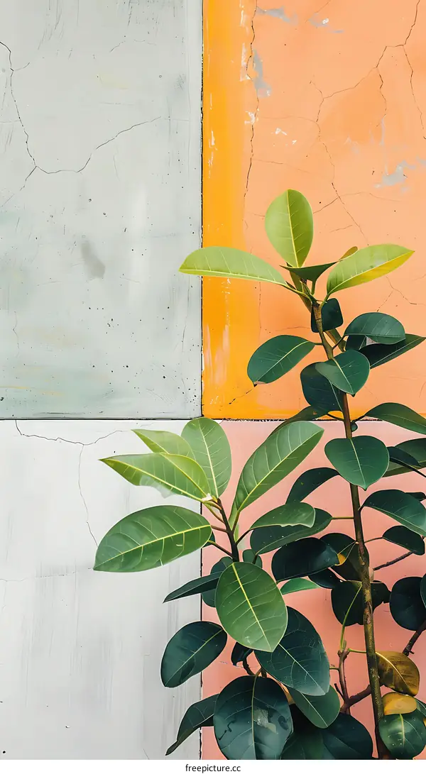 Green Leaves Against a Multi Colored Wall