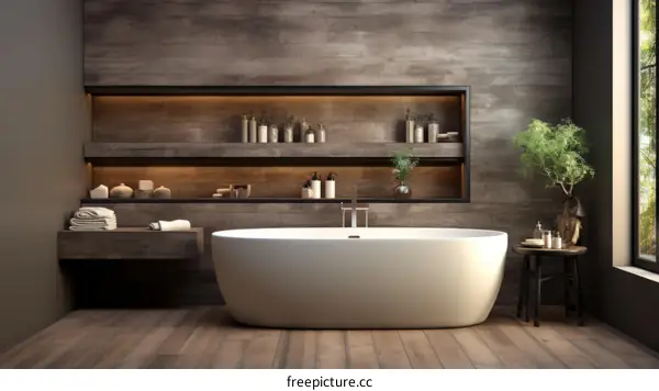 Bathroom interior with bathtub, plants, and wooden shelves