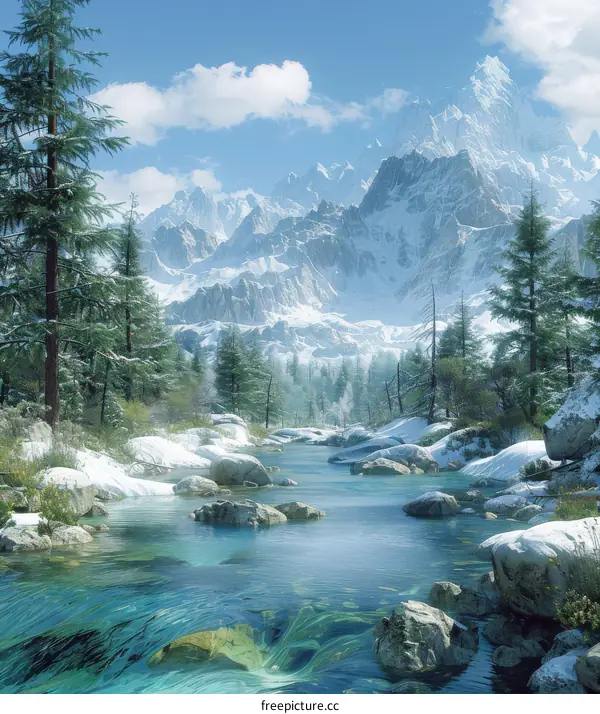 A breathtaking landscape of snow-capped mountains and a river flowing through a valley