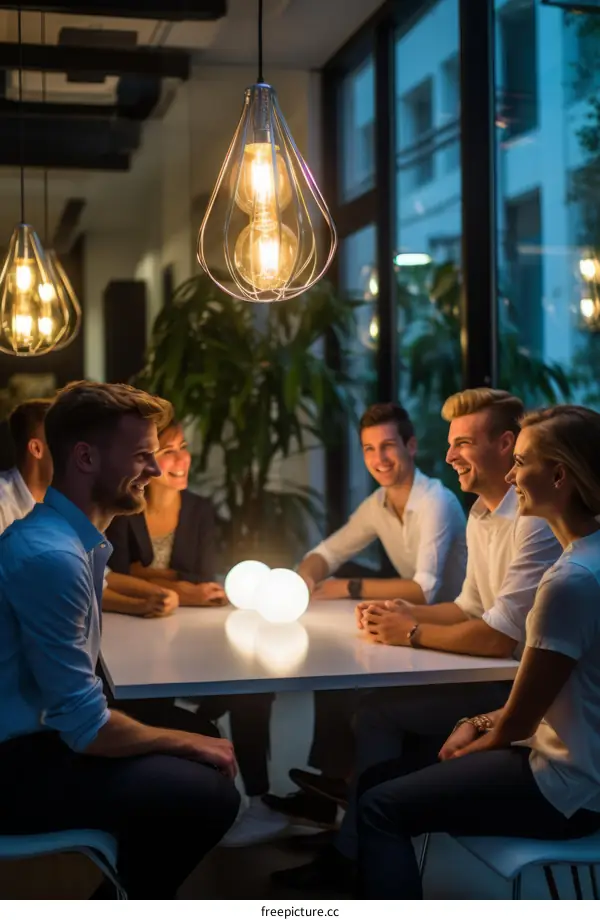 A group of people sitting around a table talking and laughing
