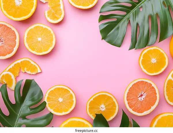 Tropical Fruit and Green Leaves on Pink Background