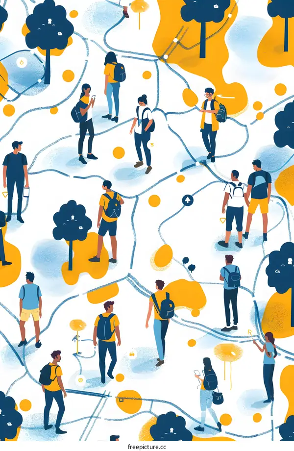 People Walking With Backpacks On A Map Of Trails