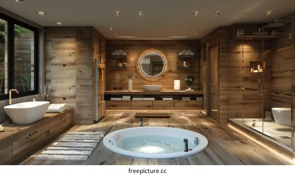 Modern Bathroom with Jacuzzi and Wooden Walls