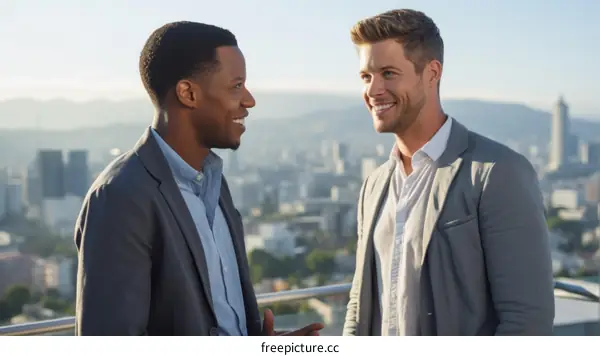 Two businessmen talking on a rooftop